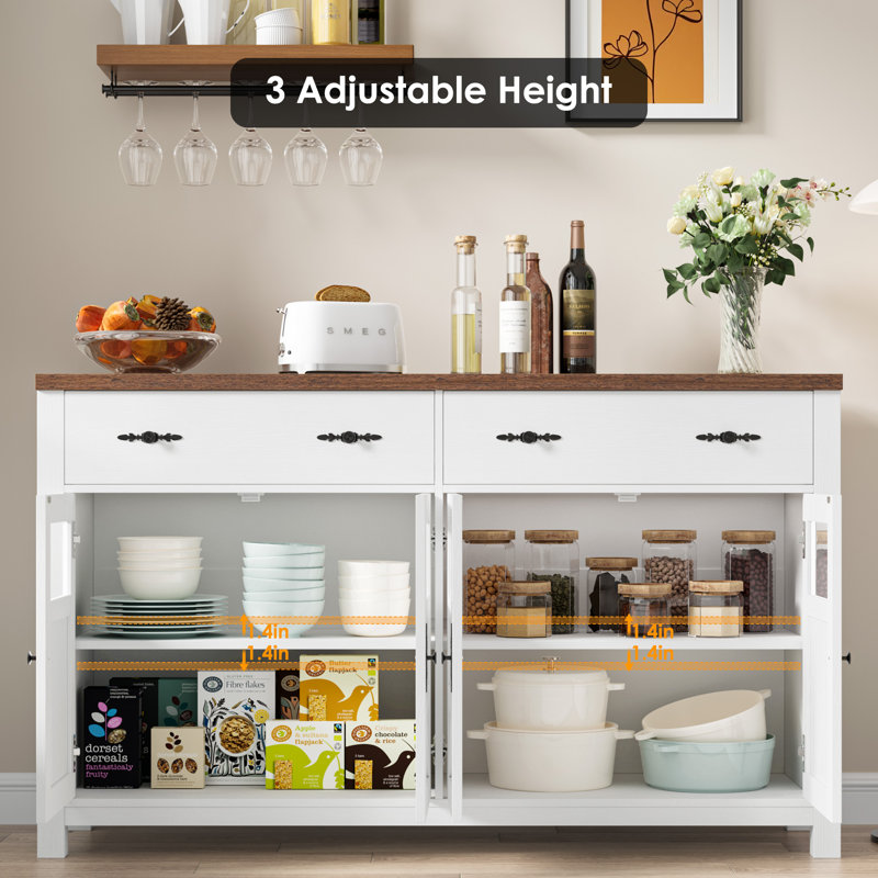 Almus 55'' Sideboard with 4 Glass Doors, 2 Large Drawers and Adjustable Shelves, White/Brown